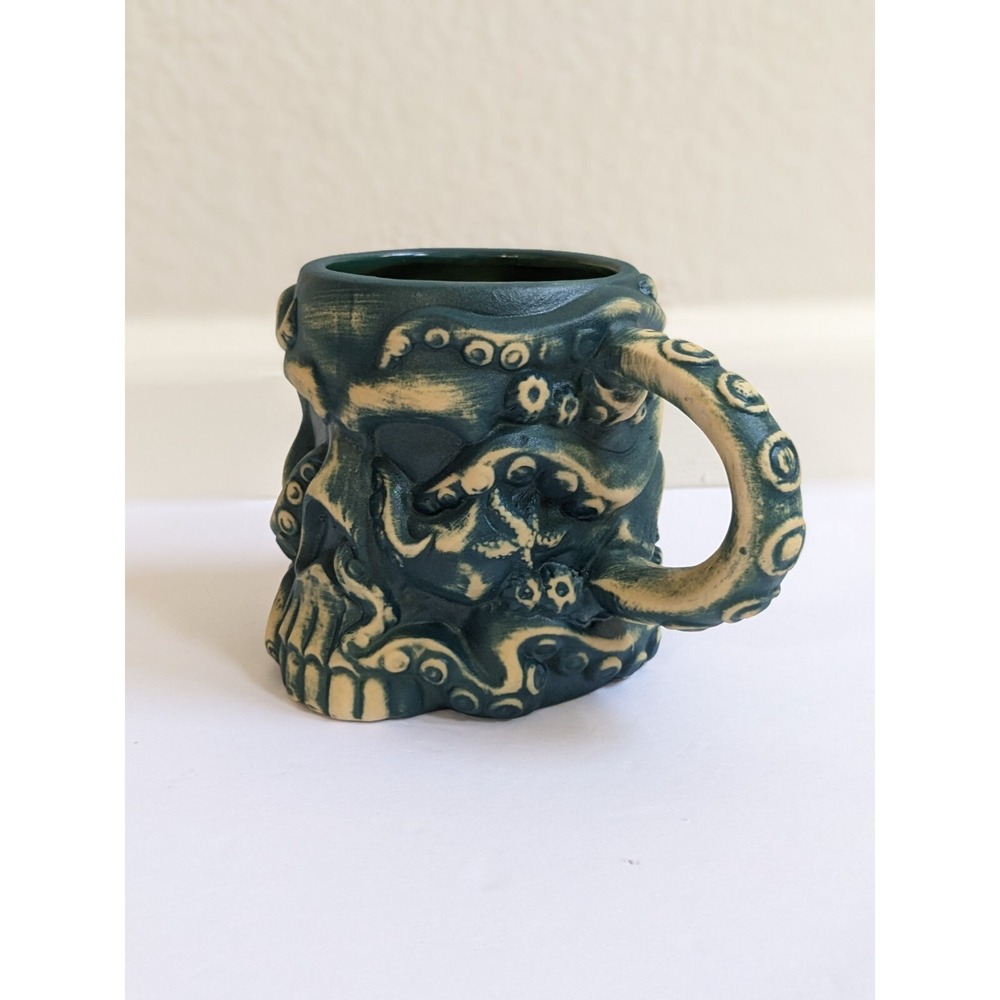 Mora Pagan Idol Handmade Hawaiian Octopus Tiki Skull Mug Matte Green Finish - Picture 3 of 10